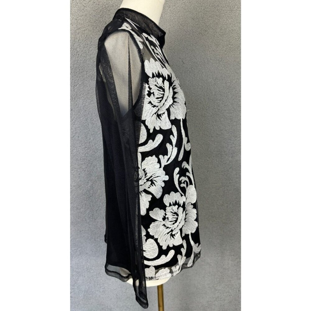 Floral Embroidered Black Mesh Top With Sheer Long Sleeves & Keyhole Back Detail - Picture 4 of 6